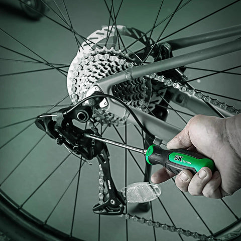 Using magnetic screwdriver set with slotted Phillips and star bits, pro grade S2 steel shafts on a bicycle gear system.