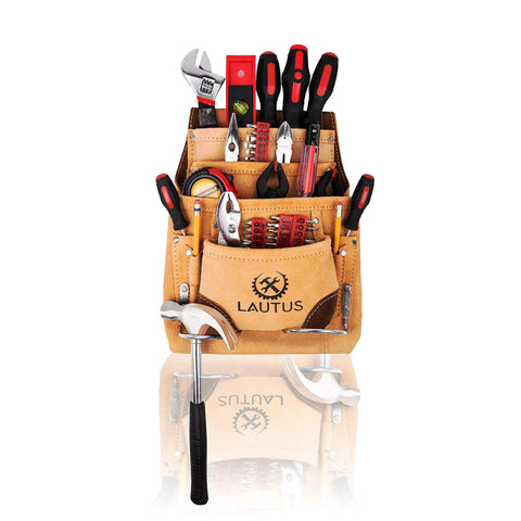 Genuine Suede Leather Tool Pouch Bag with 2 hammer holders, 10 pockets filled with tools, for carpenters and handymen, fits 2.5 inch belts
