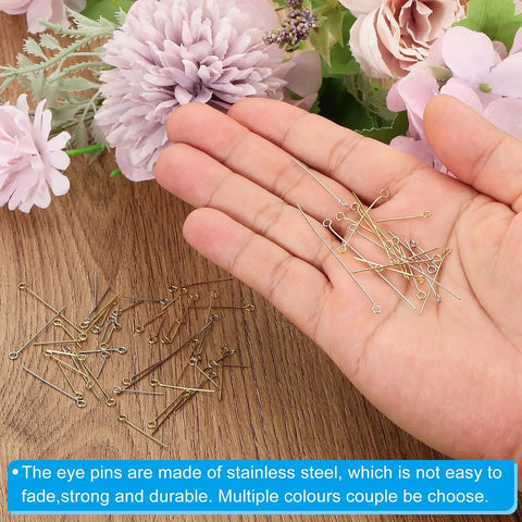Gold Tone 304 Stainless Steel Eye Pins 200 Pcs Set, 25mm Long, 22 Gauge Open Eye Pins For Jewelry Making DIY Craft Necklaces, Bracelets, Earrings, Beading Links, Bulk Jewelry Findings in hand