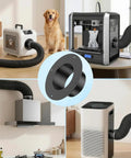 Heavy-Duty 6 Inch Metal Duct Connector Flange and Dryer Vent Fitting in use with appliances and a golden retriever.