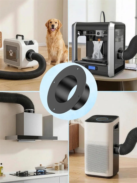 Heavy-Duty 6 Inch Metal Duct Connector Flange and Dryer Vent Fitting in use with appliances and a golden retriever.