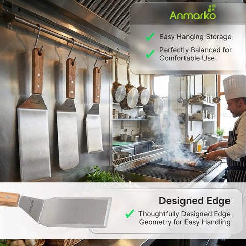 Stainless Steel Spatula Set 3 Piece For Griddle And BBQ Teppanyaki Spatulas hanging in kitchen