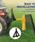48 Inch Tow Behind Lawn Dethatcher Rake With 20 Spring Steel Tines Lift Handle for ATV Riding Mower and Lawn Tractor shown attached