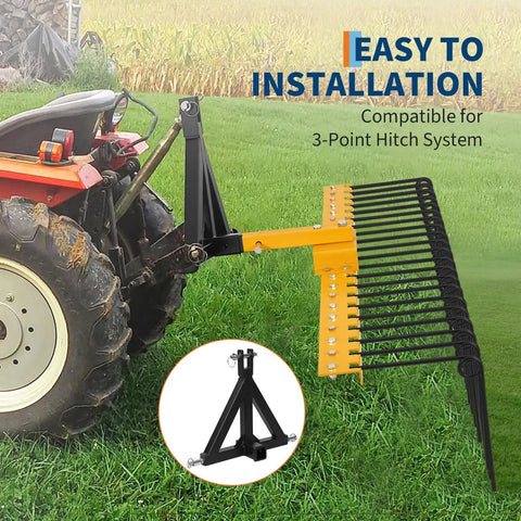 48 Inch Tow Behind Lawn Dethatcher Rake With 20 Spring Steel Tines Lift Handle for ATV Riding Mower and Lawn Tractor shown attached