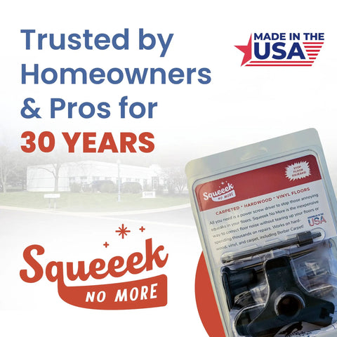 No Squeak Floor Repair Kit For Hardwood, Carpet, Vinyl And Linoleum packaging with USA flag and 30 years trust highlight