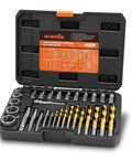 Six Piece Twist Socket Lug Nut Remover Tool Kit For Half Inch Drive Impact Use includes extractors and cobalt bits in case.