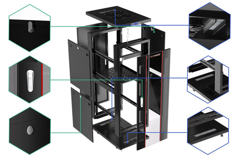 Heavy Duty 42U Black Server Rack Cabinet With Slick Rolling Wheels And Built In Cooling Fans Plus Smart Power Panel, front view with details.