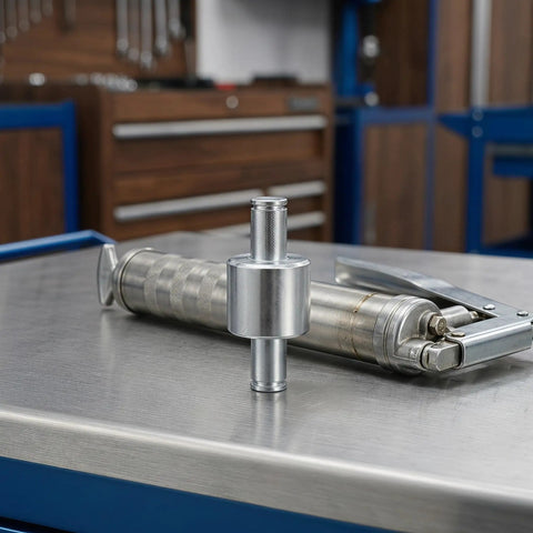 Heavy Duty Hydraulic Pallet Jack Handle Steel Pressure Roller Replacement featuring polished steel, displayed on metal workbench.