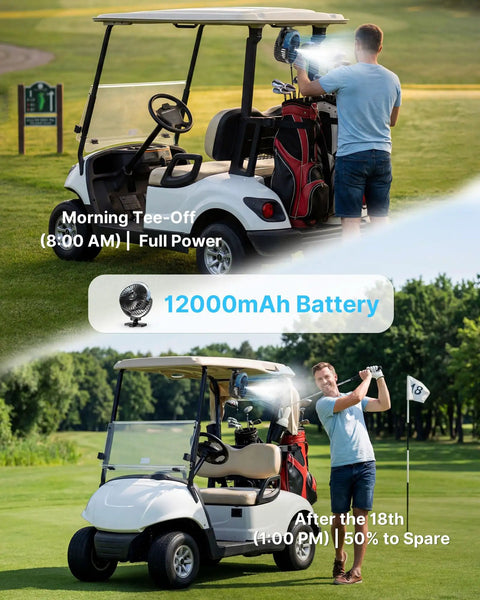 Magnetic Golf Cart Fan With Misting And 12000mAh Battery in use on EZGO golf cart, showing 4-speed modes and LED lantern.