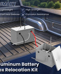 Heavy Duty Aluminum Battery Relocation Box Kit For Cars Trucks And SUVs With Hassle Free Mounting Hardware Heat Dissipating And Rust Proof Cover For Trailers And Vans inside a truck bed.