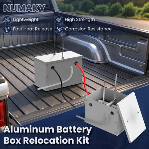Heavy Duty Aluminum Battery Relocation Box Kit For Cars Trucks And SUVs With Hassle Free Mounting Hardware Heat Dissipating And Rust Proof Cover For Trailers And Vans inside a truck bed.
