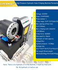 Kickass Heavy Duty Electric Hydraulic Pipe Crper And Hose Crimping Machine With Ten Interchangeable Dies For Six To Fifty One Mm Auto Brake Ac And Steering Tubes built for serious tradesmen, showing machine specifications.