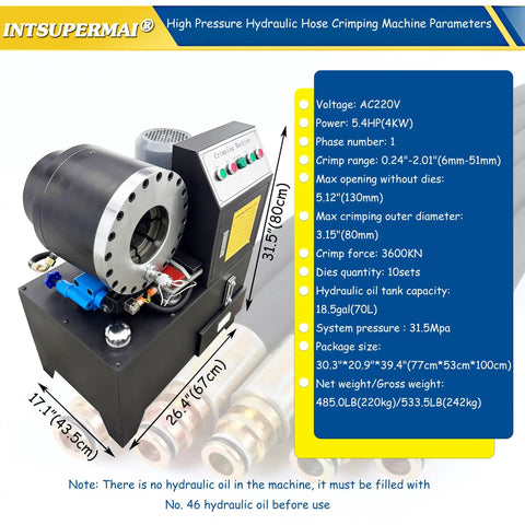 Kickass Heavy Duty Electric Hydraulic Pipe Crper And Hose Crimping Machine With Ten Interchangeable Dies For Six To Fifty One Mm Auto Brake Ac And Steering Tubes built for serious tradesmen, showing machine specifications.