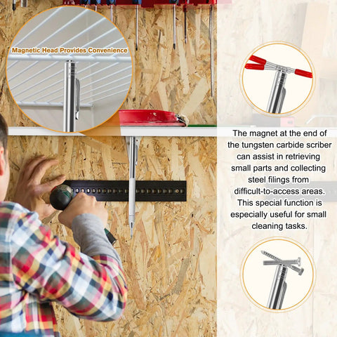 User utilizing Heavy Duty Tungsten Carbide Scribe Kit With Magnetic Bottom And Extra Refills For Steel Glass Leather And Wood Drafting Tasks Zero Sharpening Headaches Shop Ready Reliability Guaranteed to hold small parts.