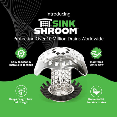 Image of Ultra Drain Protector For Bathroom Sink Stainless Steel Includes 1.25in, 1.5in, And 1in Adapters Keeps Hair Out Debris Stopped Quick Fit Epic Shield For Everyday Clogs No Fuss No Mess displayed with explanatory icons.