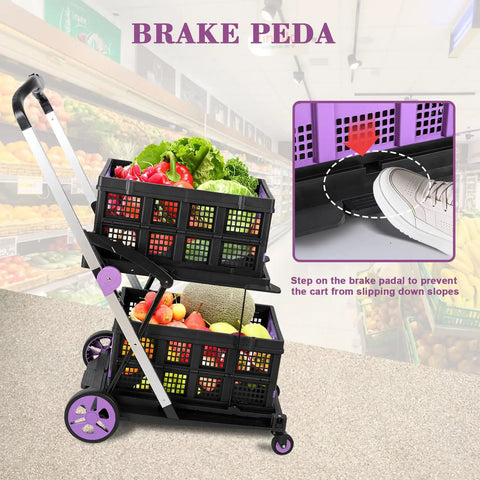 Collapsible Shopping Cart On Wheels Folding Utility Cart With 360 Degree Swivel Wheels Portable Grocery Cart With Two Storage Crates