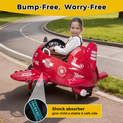 Child riding red Ride On Airplane With Remote Control For Kids, 12V Battery Powered Toddler Car, on outdoor path.