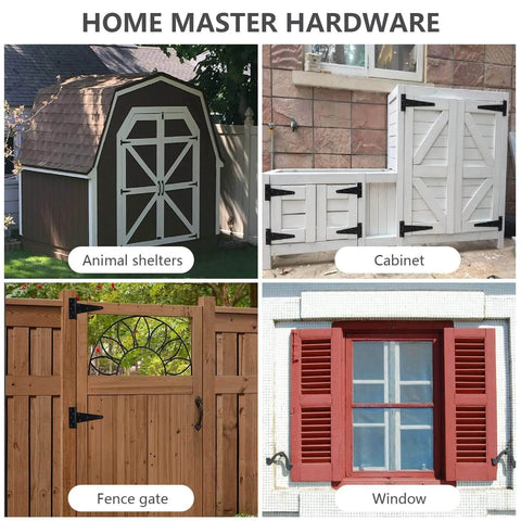 Image showing 8 Inch Heavy Duty Decorative T Strap Hinges on animal shelters, cabinets, fence gates, and windows by Home Master Hardware.