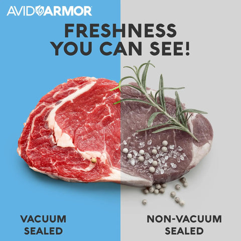Chamber Vacuum Sealer Pouches Set Pro Grade 3.5 Mil Heavy Duty BPA Free Bags showing freshness of vacuum sealed meat.