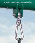 Close-up of a sturdy hardware connector on the Big Brutus Galvanized Steel Swing Set Kit with Classic A Frame Two Belt Swings Trapeze Bar.