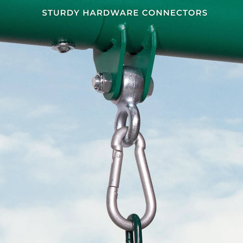 Close-up of a sturdy hardware connector on the Big Brutus Galvanized Steel Swing Set Kit with Classic A Frame Two Belt Swings Trapeze Bar.