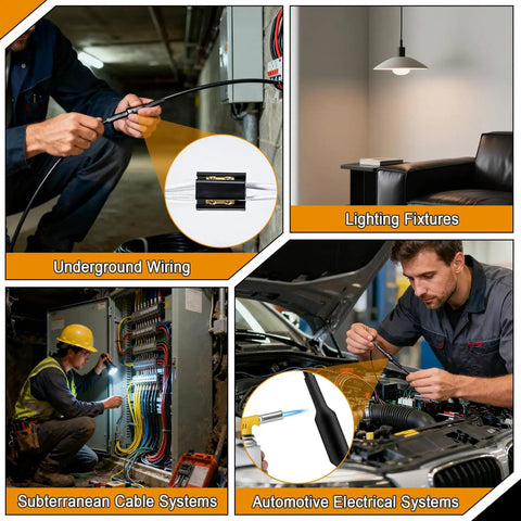 Collage of Underground Wire Splice Kit for 14 to 3 and 8 to 3 UF cables in various uses: lighting, subterranean, automotive