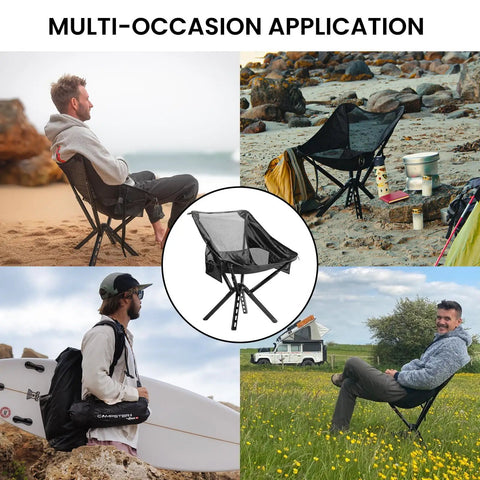 Ultra Lightweight Backpack Chair With 5 Second Folding in use at beach and campsite, compact and easy to carry for outdoor adventures