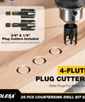 Pro Countersink Drill Bit Set For Fine Woodwork includes 3/8" and 1/2" plug cutters making plugs for wood holes.