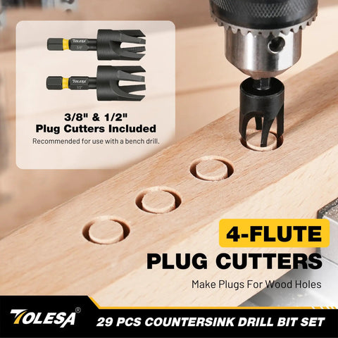 Pro Countersink Drill Bit Set For Fine Woodwork includes 3/8" and 1/2" plug cutters making plugs for wood holes.