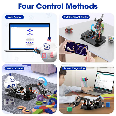 4DOF robotic arm kit collage showing four control methods: web, Android/iOS app, joystick, and Arduino programming