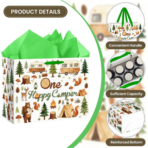 Camping Themed Gift Bag With Tissue Paper And Greeting Card Watercolor Woodland Forest Adventure Design For First Birthday Bash, Baby Shower Or One Year Old Celebration, Wrapping Bag For Outdoor Fun.