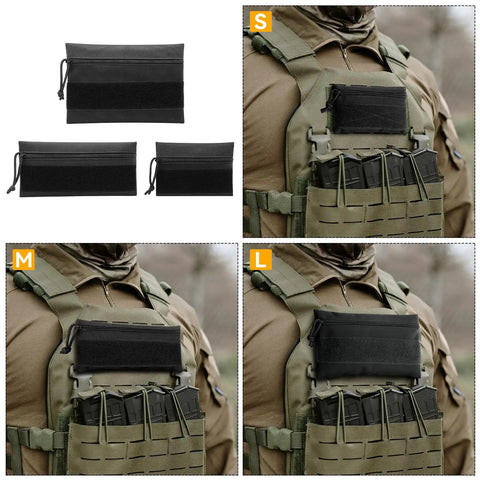Top Shelf Black 3 Pack Tactical Zipper Pouches Featuring Secure Hook And Loop Panel For Tactical Vest Chest Rig Admin Mod Gear Tool Storage And Day One Ready Essentials Waterproof displayed on a tactical vest.