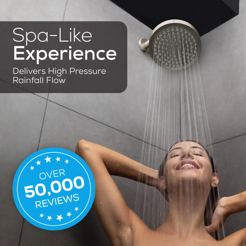 High Pressure Rain Shower Head With No Tools Needed Easy Install, Luxury Brushed Nickel 6 Inch Round in use in bathroom