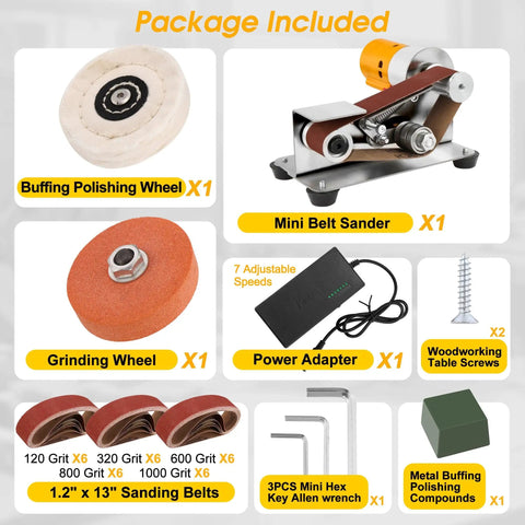 Contents of Mini Belt Sander For Knife Making With 15 Degree Angle, Electric Bench Belt Sander, 7 Adjustable Speed Kit