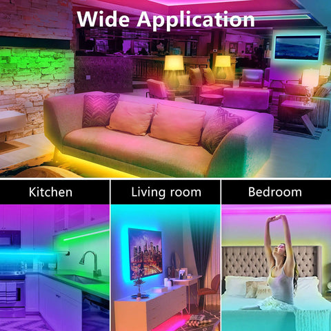130 Ft Bluetooth LED Strip Lights For Bedroom With Music Sync installed in living room, kitchen, and bedroom settings for wide application.