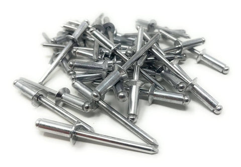Aluminum Countersunk Blind Rivets 3/16 Inch Diameter Pop Rivets, 50 Count, shown scattered on a white surface.