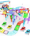 150 Piece Race Car Track Magnetic Tile Building Set For Kids With 4 Cars, colorful bridges and ramps on display