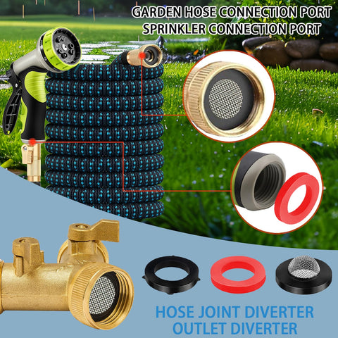 Front view: ZDBB 58-piece garden hose filter kit with stainless steel screen, gaskets, brass fittings on blue braided hose