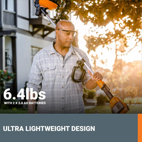 Man holding an Ultra Lightweight 40V Cordless String Trimmer Weed Eater with 13 Inch Dual Exit Cutting Head and Auto Feed Spool