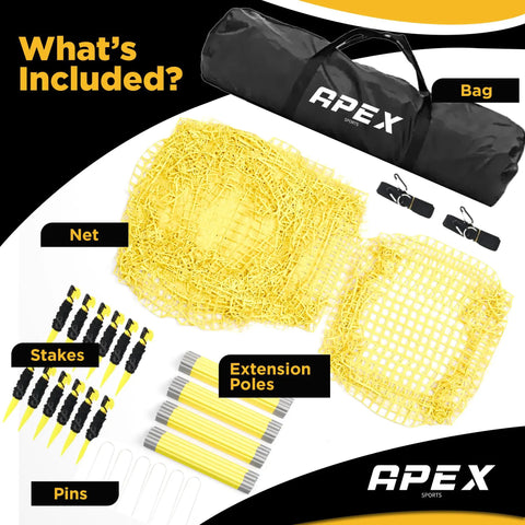 Portable Baseball And Softball Batting Cage With Pitching Machine Hole components: carry bag, yellow netting, poles, stakes, pins.