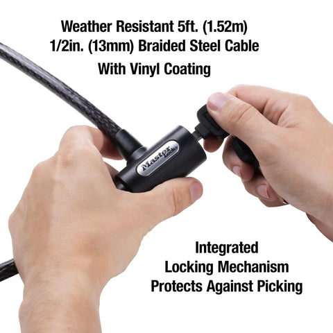 Hands holding 5 Ft Black Cable Bike Lock With Key Heavy Duty Braided Steel Self Coiling Vinyl Coated For Scratch Protection lock.