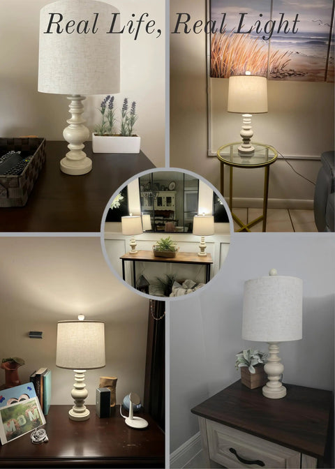 Collage of Super Cool Rustic Table Lamp Set Of Two with antique white resin base and linen shade in various room settings.