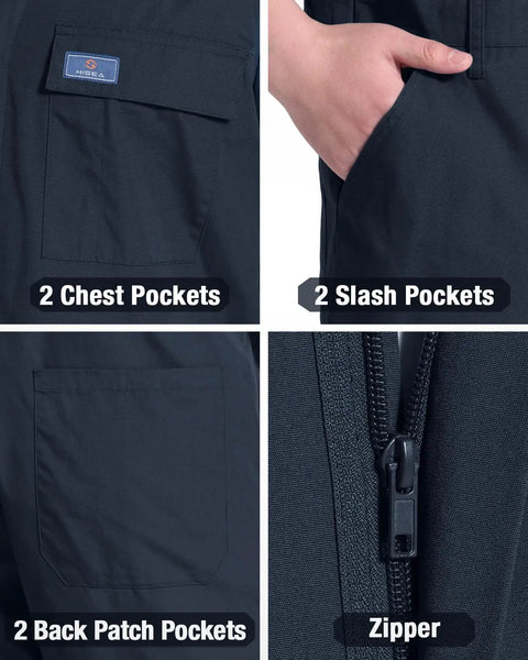 Men's Short Sleeve Coveralls For The Daily Grind, Lightweight Twill Mechanic Jumpsuit With Cargo Pockets, showing pockets and zipper details.
