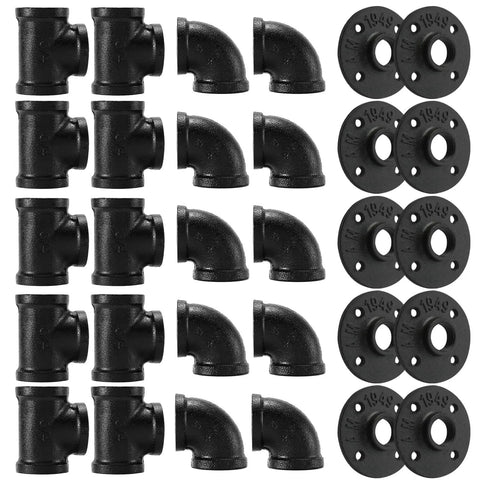 Three Quarter Inch Black Pipe Fittings Kit With Floor Flange Elbow Tee Combo Pack Of 30 For DIY Furniture Shelving Projects