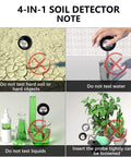 4-In-1 Soil Tester Battery-Free Metal Probe testing instructions over dry soil, water, liquid, and potted plant with oversized dial.