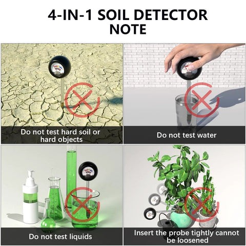 4-In-1 Soil Tester Battery-Free Metal Probe testing instructions over dry soil, water, liquid, and potted plant with oversized dial.