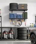 Heavy-Duty 2 Pack Wall Mounted Garage Shelves With 8 Hooks, 2x4 Ft Each, 500 Lb Total Capacity, Steel Storage Racks For Tool Organization, Garage, Workshop, Home Workspace, And All Your Gear.