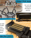 Hands Free Through-Hole Soldering Jig For PCBs And Breadboards CSJ-1 Conforming Fixture shown clamping a circuit board.