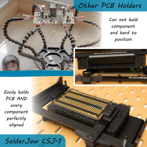 Hands Free Through-Hole Soldering Jig For PCBs And Breadboards CSJ-1 Conforming Fixture shown clamping a circuit board.