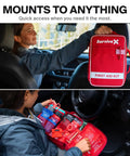 SurviveX Large First Aid Kit in red, mounted in a car and opened to reveal medical supplies